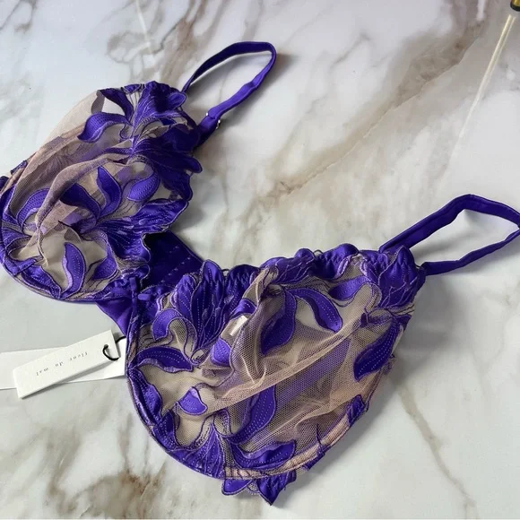 NWT Fleur Du Mal Purple Pansy Embroidery Plunge Silk Demi Bra 36G